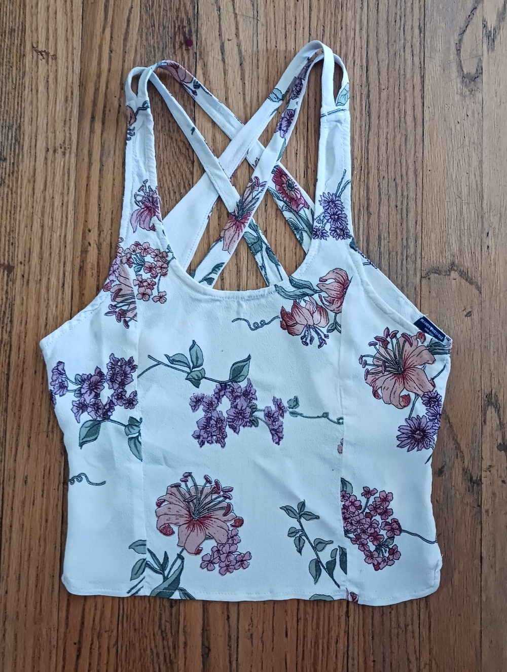 Brandy Melville White Floral Cross-Back Tank Top